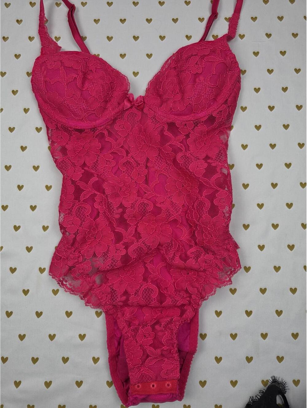 Victorias Secret VINTAGE 36A Pink Sexy Teddy Ruffled 90's Lingerie Bodysuit